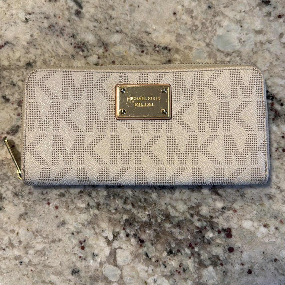Michael Kors Light Beige MK Logo Zip Wallet with Gold Plaque